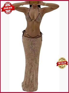 3 Piece Bikini Set Halter Crochet Beaded Tie Side Triangle Swimsuit With Cover